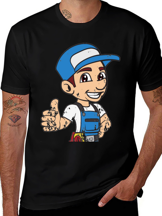 Cartoon Plumber Graphic Tee - Novelty T-Shirt
